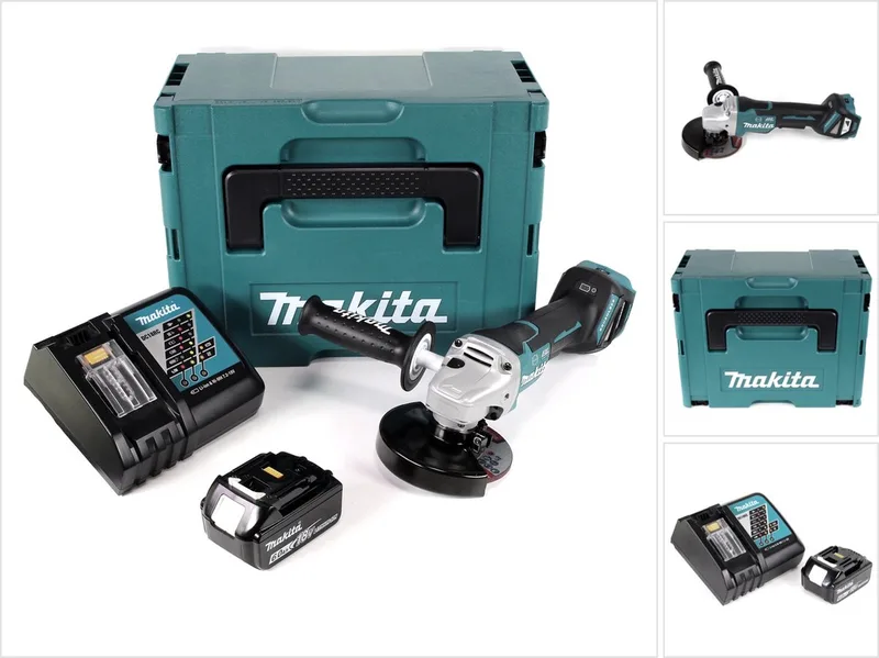 DGA 517 RG1J accu haakse slijper 18 V 125 mm borstelloos + 1x oplaadbare accu 6.0 Ah + lader + Makpac de Makita – image du produit