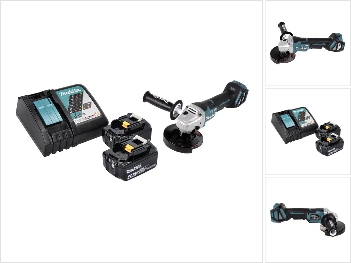 DGA 517 RM accu haakse slijper 18 V 125 mm borstelloos + 2x accu 4.0 Ah + lader van Makita – productafbeelding