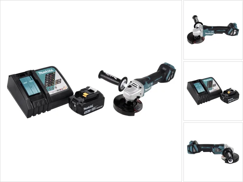 DGA 517 RT1 accu haakse slijper 18 V 125 mm borstelloos + 1x oplaadbare accu 5.0 Ah + lader van Makita – productafbeelding