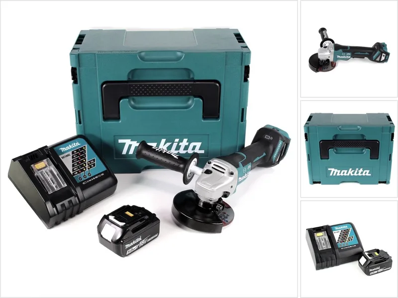 DGA 517 RT1J accu haakse slijper 18 V 125 mm borstelloos + 1x oplaadbare accu 5.0 Ah + lader + Makpac de Makita – image du produit