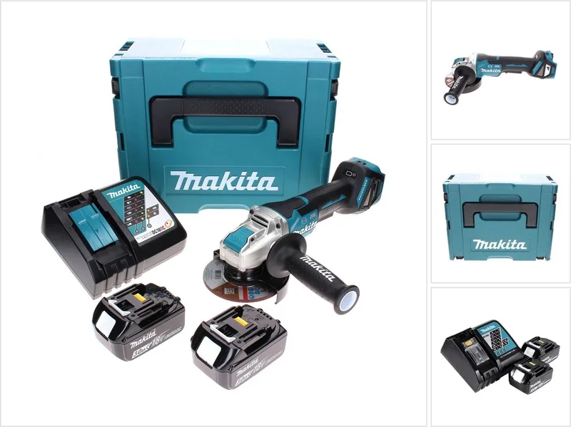 DGA 519 RFJ accu-haakse slijper 18 V 125 mm borstelloos X-Lock + 2x accu 3,0 Ah + oplader + Makpac fra Makita – produktbillede