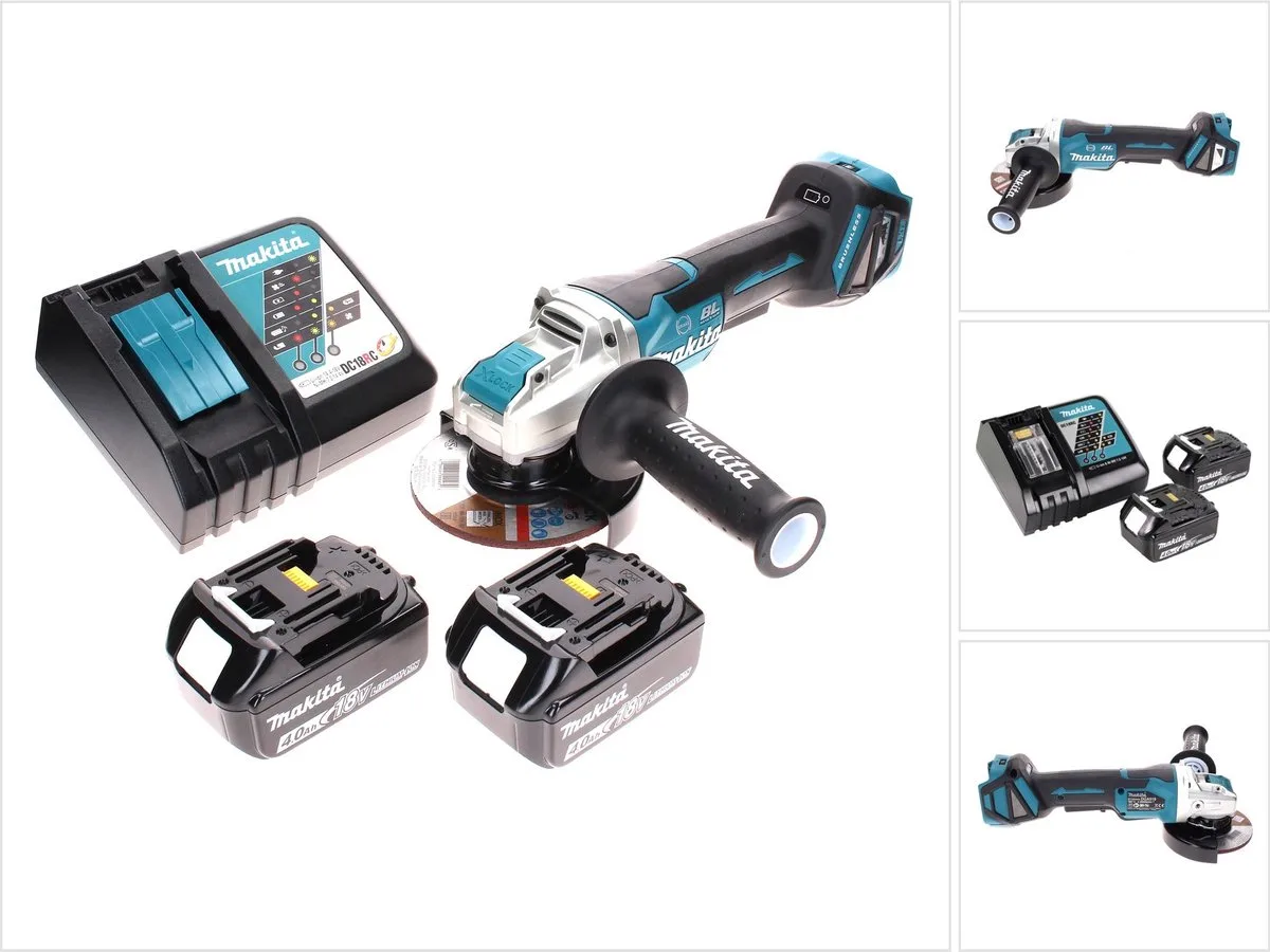 DGA 519 RM accu-haakse slijper 18 V 125 mm borstelloos X-Lock + 2x accu 4,0 Ah + oplader van Makita – productafbeelding
