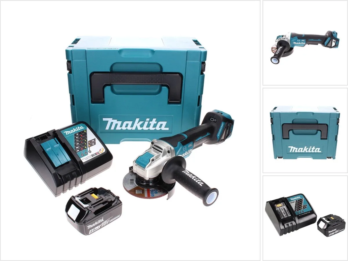 DGA 519 RM1J accu-haakse slijper 18 V 125 mm borstelloos X-Lock + 1x accu 4,0 Ah + oplader + Makpac fra Makita – produktbillede