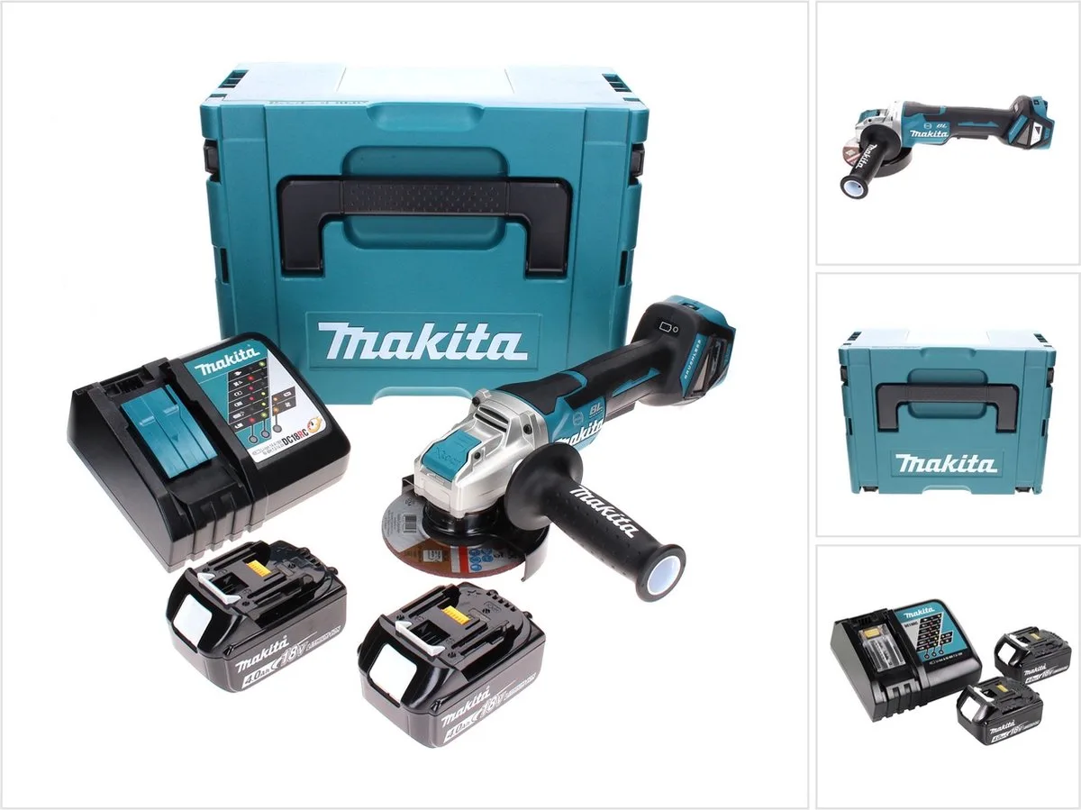 DGA 519 RMJ accu-haakse slijper 18 V 125 mm borstelloos X-Lock + 2x accu 4,0 Ah + oplader + Makpac van Makita – productafbeelding