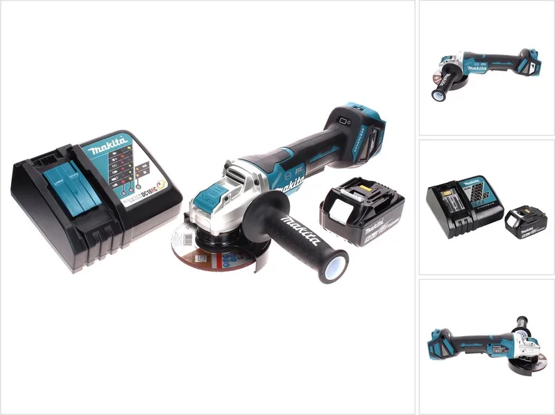 DGA 519 RT1 accu-haakse slijper 18 V 125 mm borstelloos X-Lock + 1x accu 5,0 Ah + oplader van Makita – productafbeelding