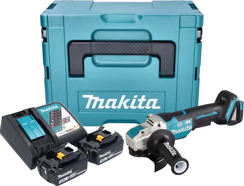 DGA 520 RFJX1 accu haakse slijper 18 V 125 mm X-LOCK Brushless + 2x accu 3.0 Ah + lader + Makpac de Makita – image du produit