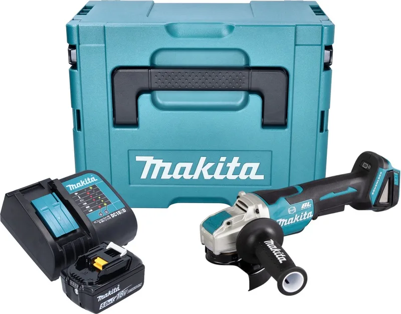 DGA 520 ST1JX1 accu haakse slijper 18 V 125 mm X-LOCK Brushless + 1x oplaadbare accu 5.0 Ah + lader + Makpac van Makita – productafbeelding