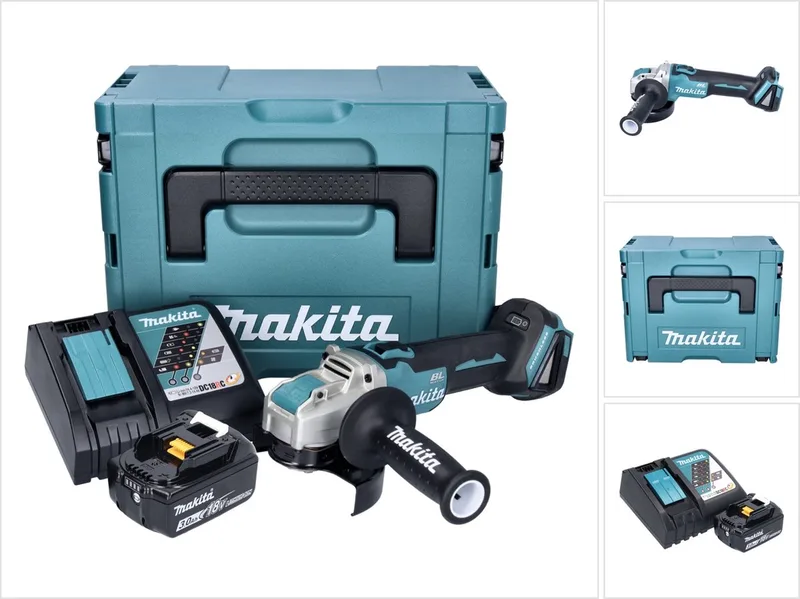 DGA 521 RF1X1J accu haakse slijper 18 V 125 mm X-LOCK Brushless + 1x accu 3,0 Ah + oplader + Makpac von Makita – Produktbild