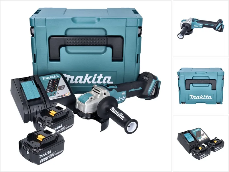 DGA 521 RFX1J accu haakse slijper 18 V 125 mm X-LOCK Brushless + 2x accu 3,0 Ah + oplader + Makpac de Makita – image du produit