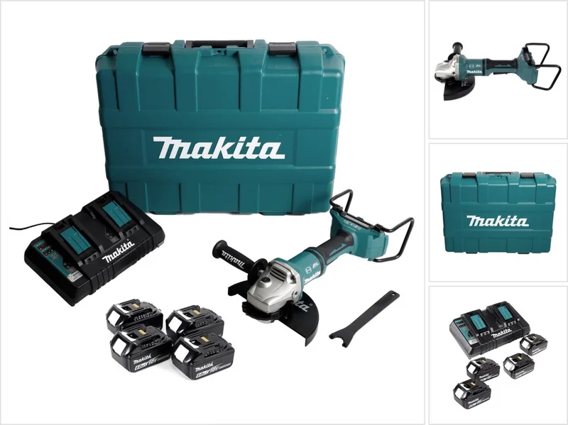 DGA 900 G4KX2 accu haakse slijper 36V ( 2x18V ) 230mm borstelloos + 4x accu 6,0Ah + dubbele lader + Ezynut + koffer von Makita – Produktbild
