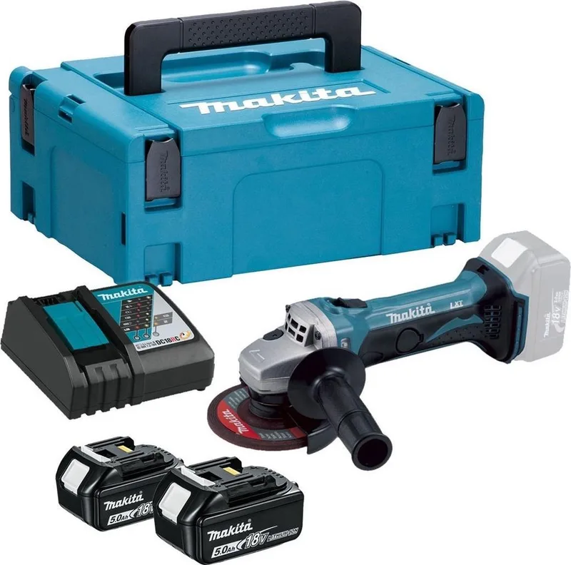 DGA452RTJ 18V Li-ion Accu haakse slijper set (2x 5.0Ah accu) in Mbox - 115mm de Makita – image du produit