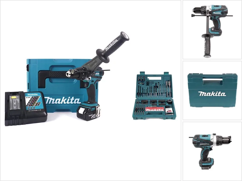 DHP 458 RF1J accu-klopboormachine 18 V 91 Nm + 1x 3,0 Ah accu + oplader + Makita bit- en boorset 100-delig von Makita – Produktbild