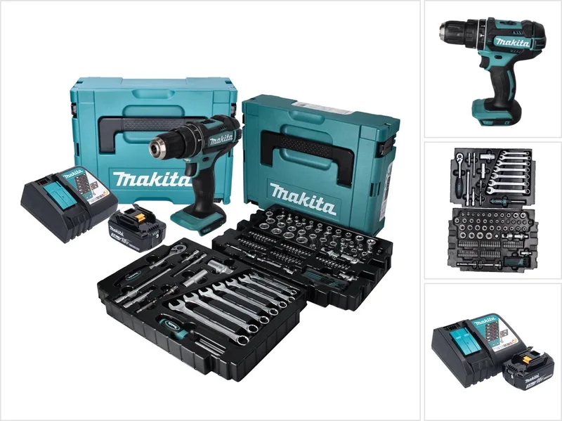 DHP 482 RF1J accu klopboormachine 18 V + 120 stuks accessoireset + 1x oplaadbare accu 3.0 Ah + lader + Makpac de Makita – image du produit