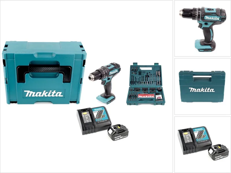 DHP 482 RF1J accu klopboormachine 18V 62Nm in Makpac + 3.0 Ah accu + lader + 100-delige bits & boren set van Makita – productafbeelding
