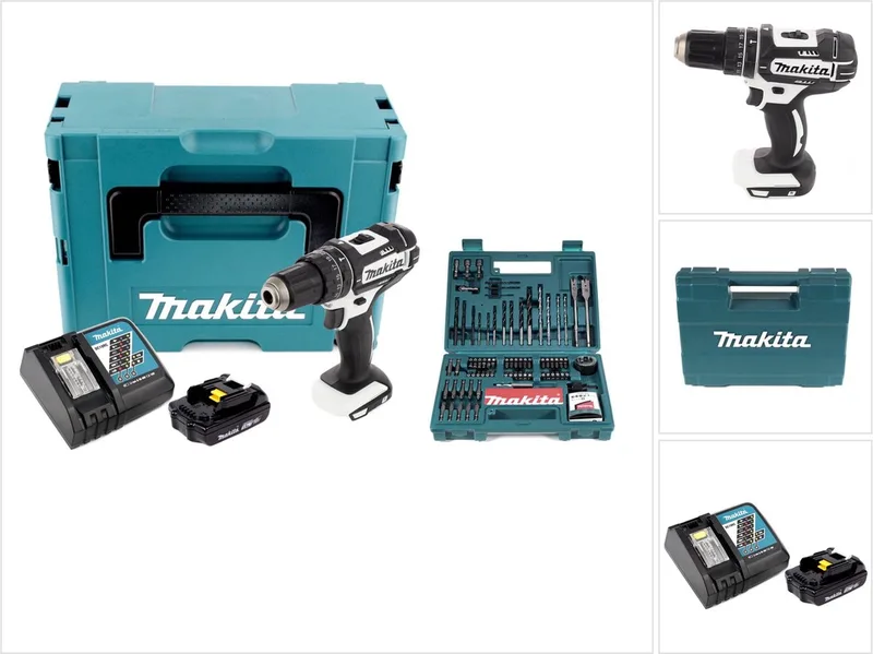 DHP 482 RF1J W accu-slagboormachine 18 V 62 Nm in Makpac + 3,0 Ah-accu + snellader + Makita B-53811 bit- en boorset 100-delig von Makita – Produktbild