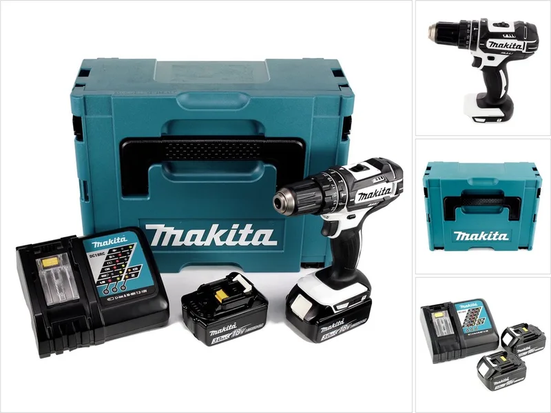 DHP 482 RFJ W accu-slagboormachine 18 V 62 Nm + 2x accu's 3,0 Ah + oplader + Makpac de Makita – image du produit
