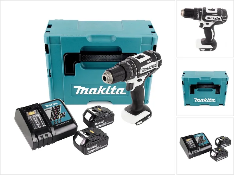 DHP 482 RGJ W accu-slagboormachine 18 V 62 Nm wit + 2x accu 6,0 Ah + oplader + Makpac van Makita – productafbeelding