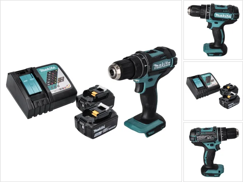 DHP 482 RT accu klopboormachine 18 V 62 Nm + 2x accu 5.0 Ah + lader fra Makita – produktbillede