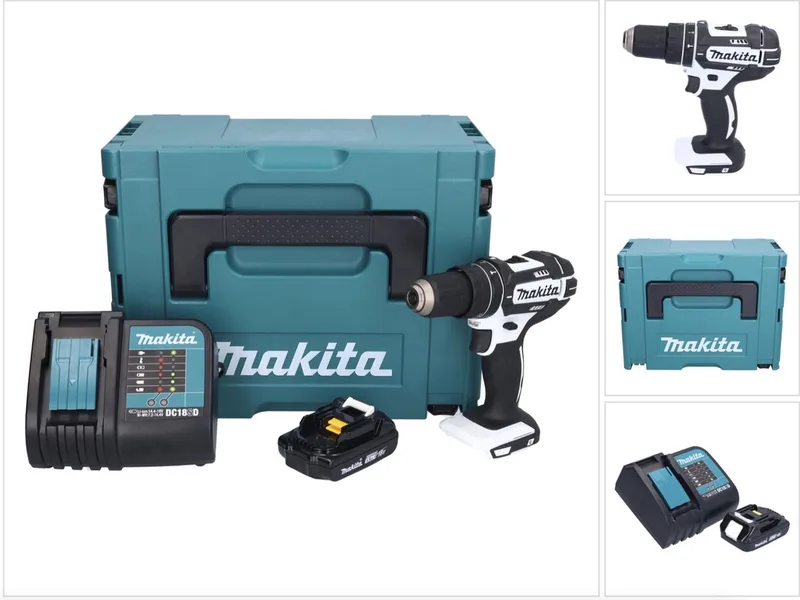 DHP 482 SY1JW accu-slagboormachine 18 V 62 Nm wit + 1x accu 1,5 Ah + oplader + Makpac de Makita – image du produit