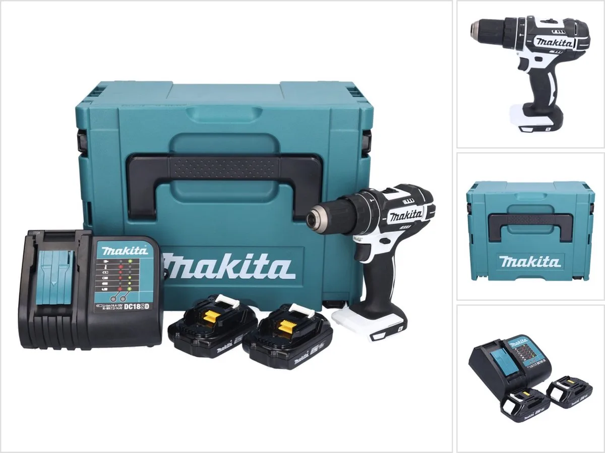 DHP 482 SYJW accu-slagboormachine 18 V 62 Nm wit + 2x accu 1,5 Ah + oplader + Makpac fra Makita – produktbillede
