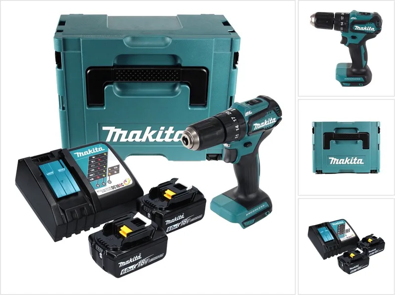 DHP 483 RGJ accu-klopboormachine 18 V 40 Nm + 2x accu 6,0 Ah + oplader + Makpac von Makita – Produktbild