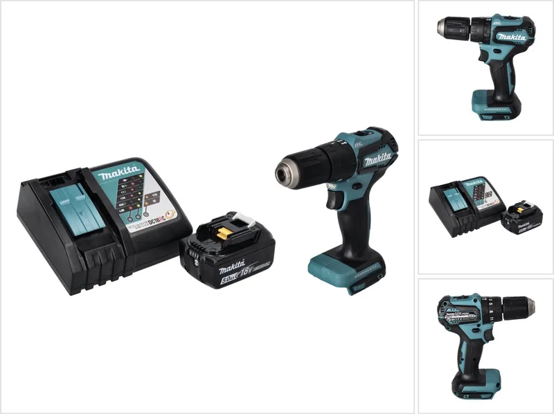 DHP 483 RT1 accu-klopboormachine 18 V 40 Nm borstelloos + 1x accu 5,0 Ah + oplader von Makita – Produktbild