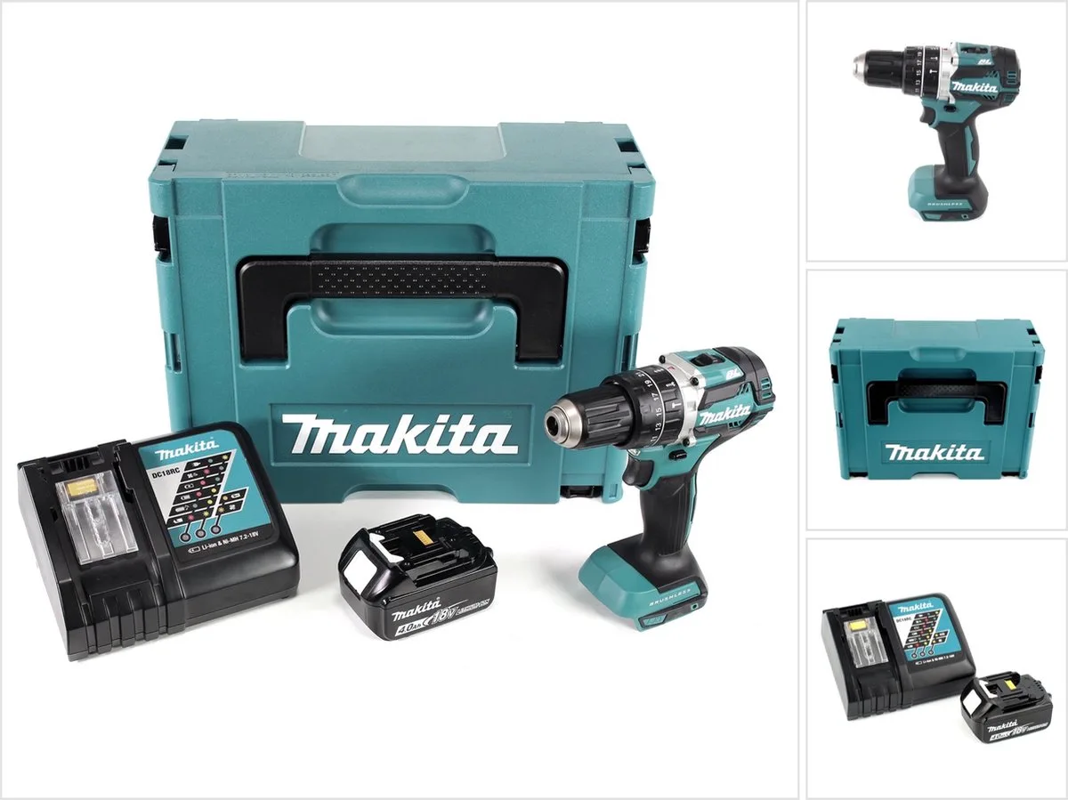 DHP 484 RM1J 18V Brushless Li-Ion accu klopboormachine in Makpac incl. 1x BL 1840 B 4.0 Ah accu en DC18RC lader van Makita – productafbeelding