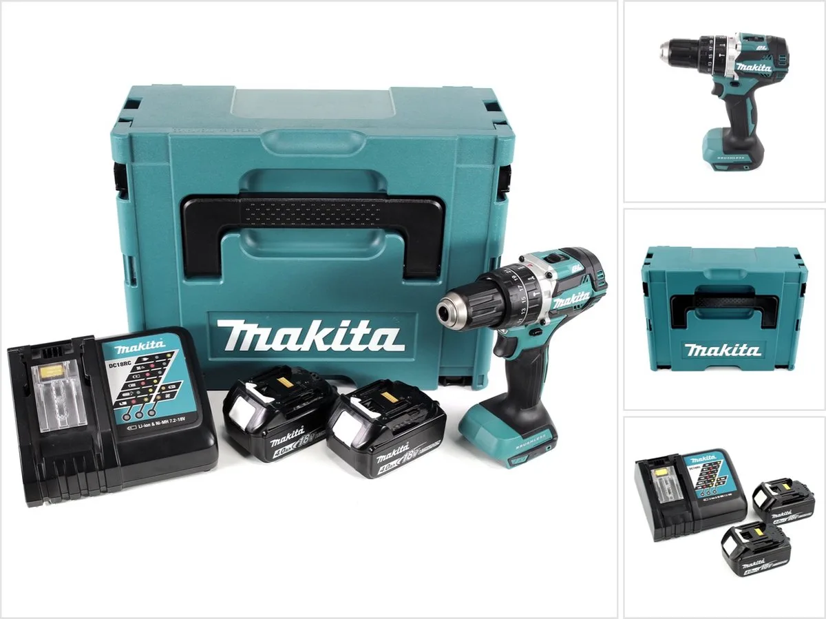 DHP 484 RMJ 18V Brushless Li-Ion accu klopboormachine in Makpac incl. 2x BL 1840 B 4.0 Ah accu en DC18RC lader van Makita – productafbeelding