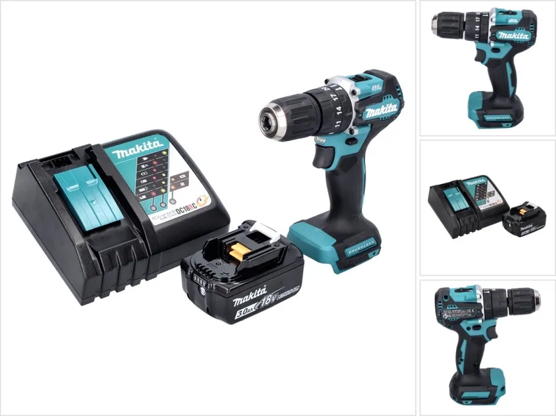 DHP 487 RF1 accu-klopboormachine 18 V 40 Nm borstelloos + 1x accu 3,0 Ah + oplader fra Makita – produktbillede