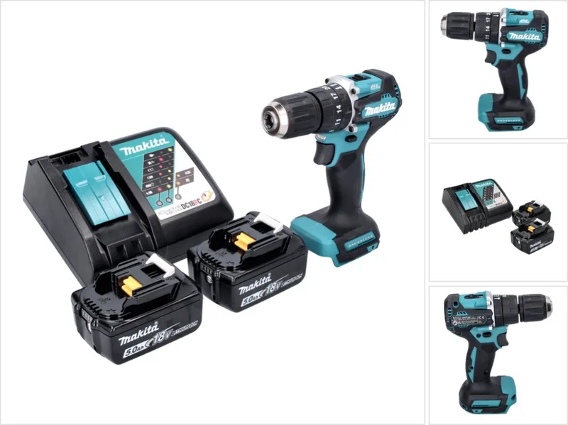 DHP 487 RT accu-klopboormachine 18 V 40 Nm borstelloos + 2x accu 5,0 Ah + oplader von Makita – Produktbild