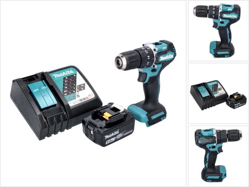 DHP 487 RT1 accu-klopboormachine 18 V 40 Nm borstelloos + 1x accu 5,0 Ah + oplader de Makita – image du produit