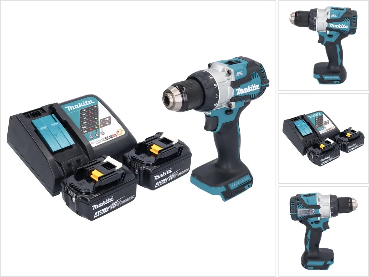DHP 489 RM accu-klopboormachine 18 V 73 Nm borstelloos + 2x accu 4,0 Ah + oplader van Makita – productafbeelding