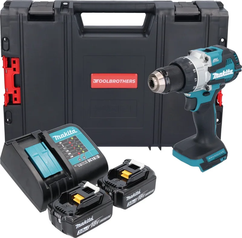 DHP 489 SFJ-R accu-klopboormachine 18 V 73 Nm borstelloos + 2x accu 3,0 Ah + oplader + RHINO von Makita – Produktbild