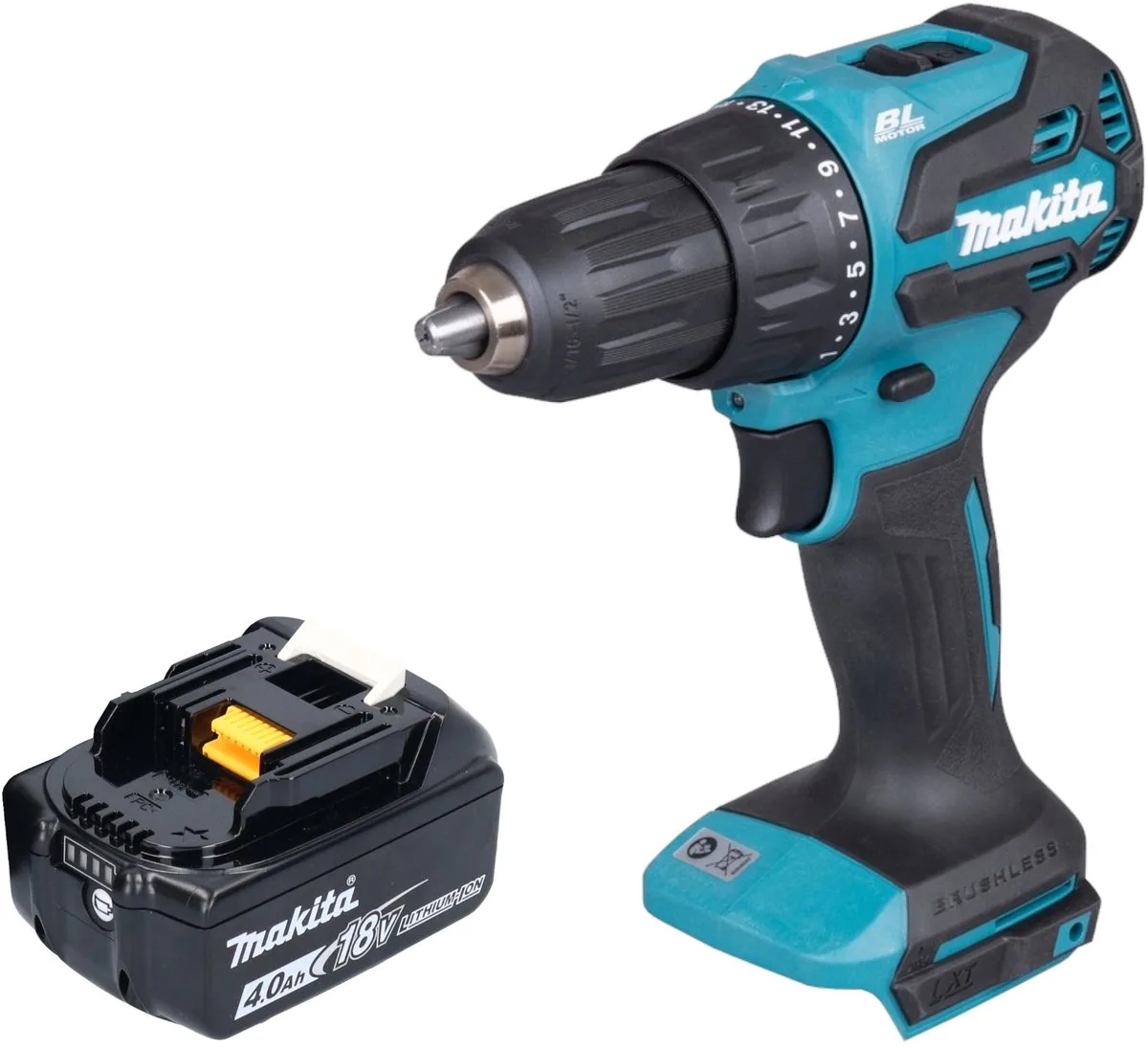 DHP 490 M1 accu klopboormachine 18 V 65 Nm borstelloos + 1x oplaadbare accu 4.0 Ah - zonder oplader fra Makita – produktbillede