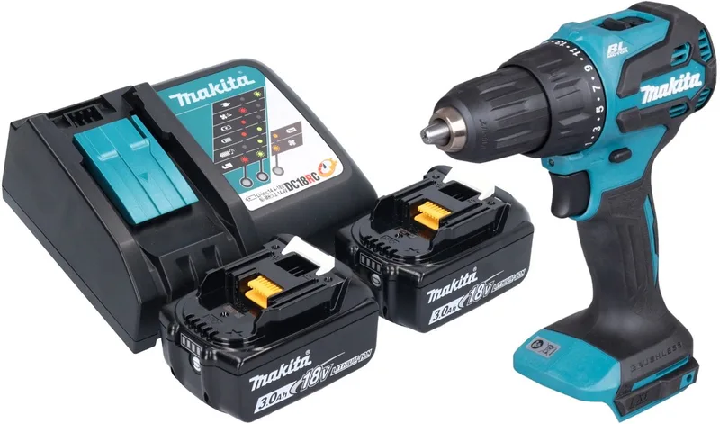 DHP 490 RF accu klopboormachine 18 V 65 Nm borstelloos + 2x accu 3.0 Ah + lader van Makita – productafbeelding