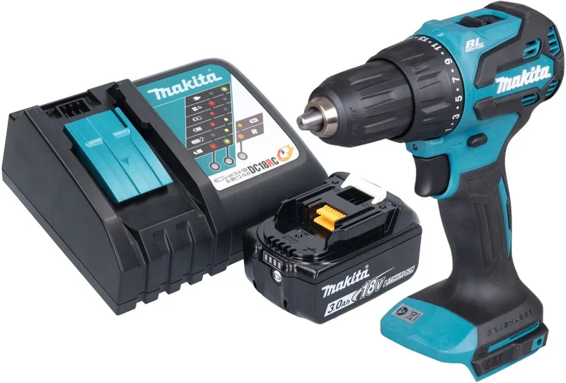 DHP 490 RF1 accu klopboormachine 18 V 65 Nm borstelloos + 1x oplaadbare accu 3.0 Ah + oplader van Makita – productafbeelding