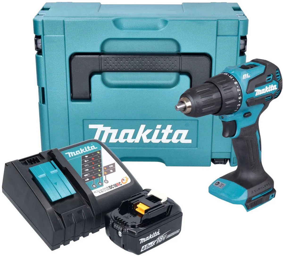 DHP 490 RM1J accu klopboormachine 18 V 65 Nm borstelloos + 1x accu 4.0 Ah + lader + Makpac van Makita – productafbeelding