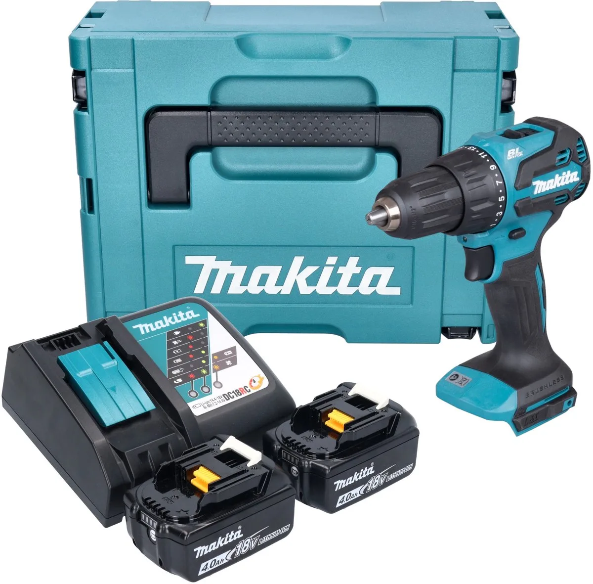 DHP 490 RMJ accu klopboormachine 18 V 65 Nm borstelloos + 2x accu 4.0 Ah + lader + Makpac van Makita – productafbeelding