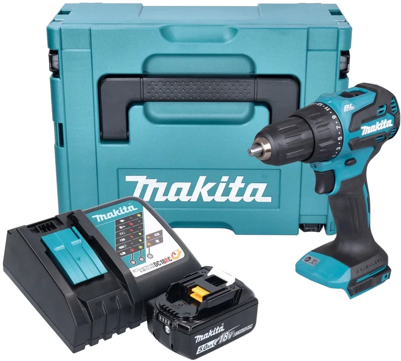 DHP 490 RT1J accu klopboormachine 18 V 65 Nm borstelloos + 1x oplaadbare accu 5.0 Ah + lader + Makpac de Makita – image du produit