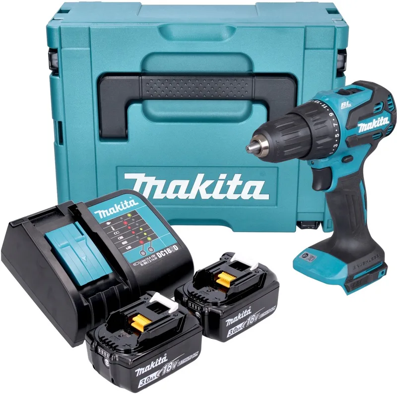 DHP 490 SFJ accu klopboormachine 18 V 65 Nm borstelloos + 2x accu 3,0 Ah + lader + Makpac fra Makita – produktbillede