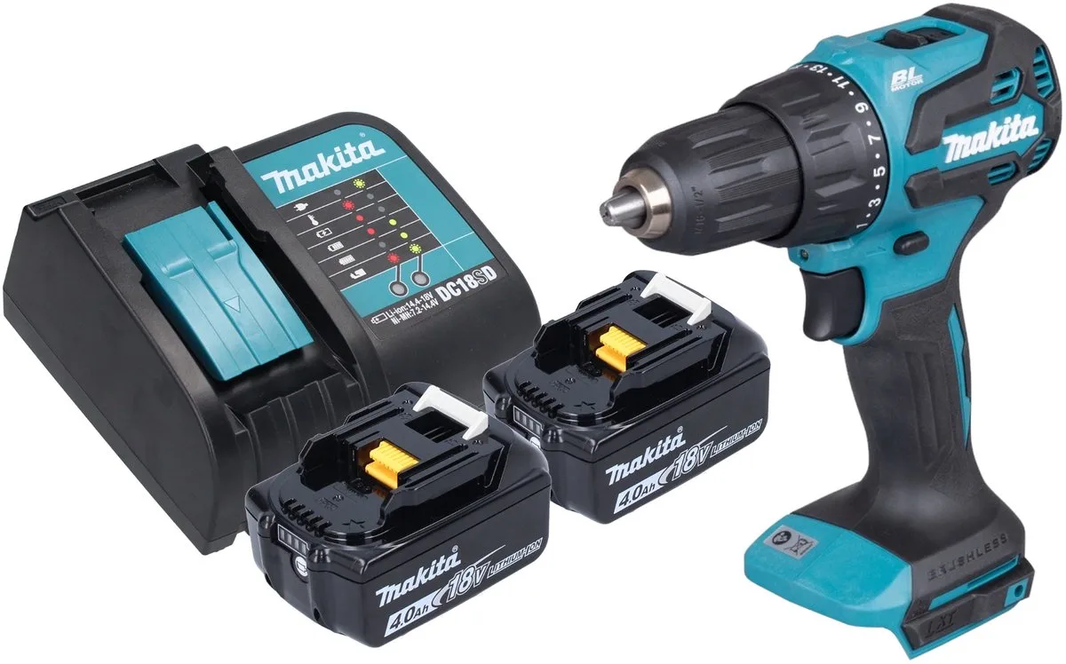 DHP 490 SM accu klopboormachine 18 V 65 Nm borstelloos + 2x accu 4.0 Ah + lader van Makita – productafbeelding