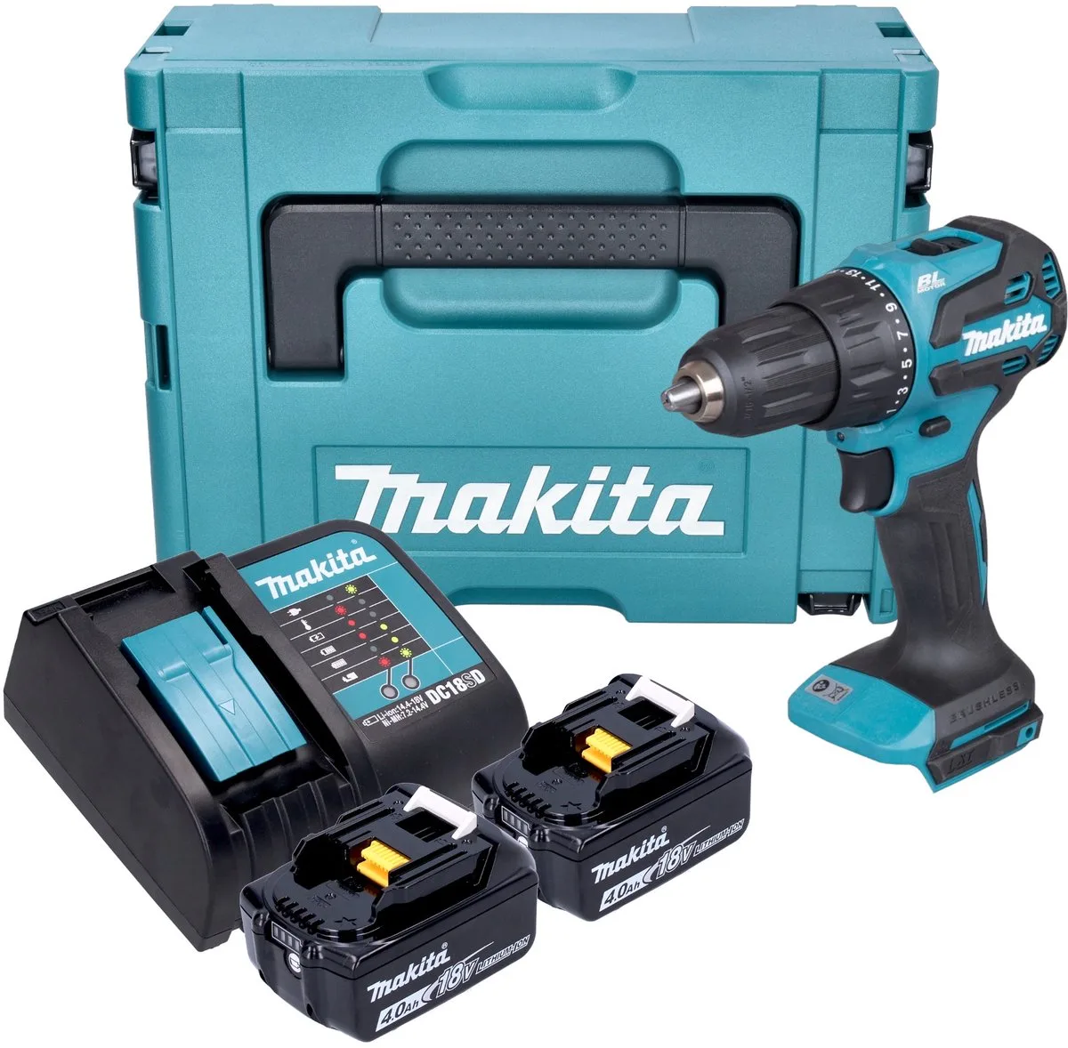 DHP 490 SMJ accu klopboormachine 18 V 65 Nm borstelloos + 2x accu 4.0 Ah + lader + Makpac van Makita – productafbeelding