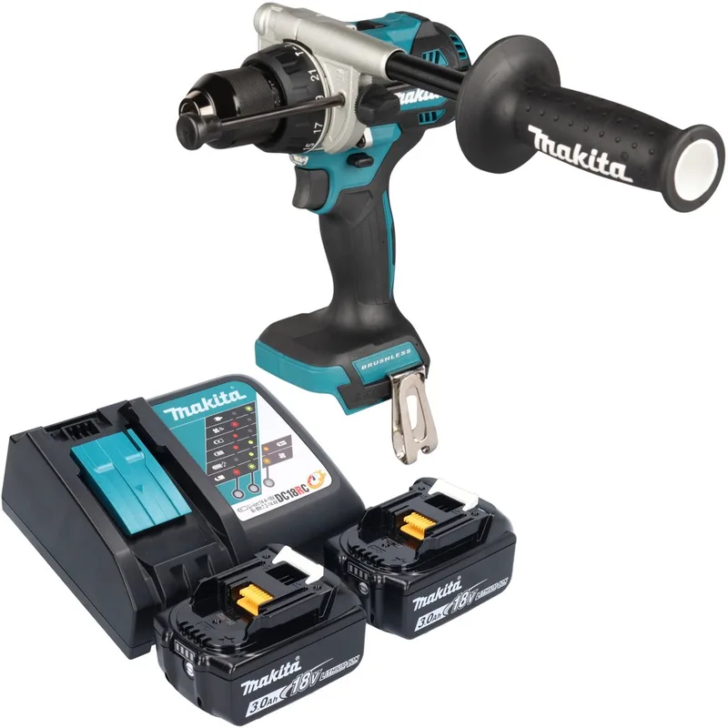 DHP 492 RF accu klopboormachine 18 V 141 Nm borstelloos + 2x accu 3,0 Ah + oplader van Makita – productafbeelding