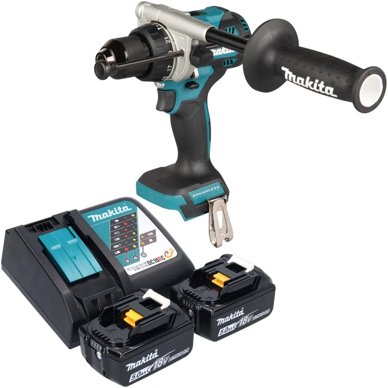 DHP 492 RT accu-klopboormachine 18 V 141 Nm borstelloos + 2x accu 5,0 Ah + oplader von Makita – Produktbild