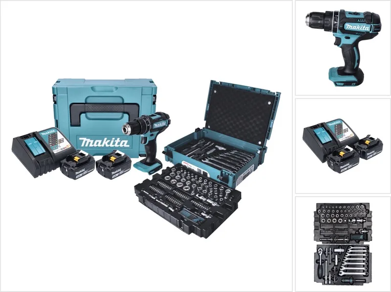 DHP482JX13 Accu Klop-/Schroefboormachine 18V Body in Mbox incl. 120-delige Gereedschapsset von Makita – Produktbild