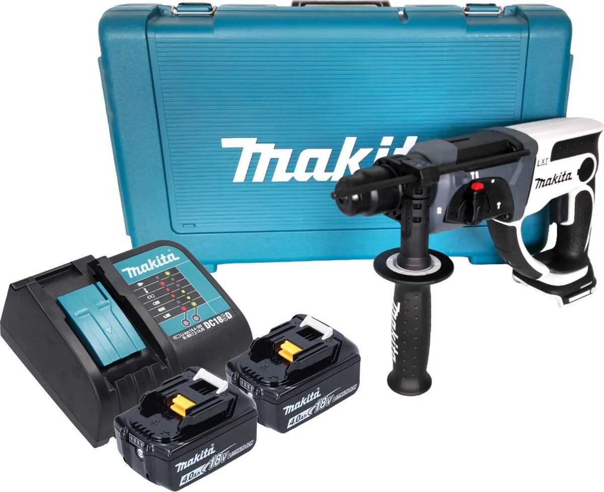 DHR 202 SMW accu-boorhamer 18 V 20 mm 2,0 J wit + 2x accu 4,0 Ah + oplader + koffer fra Makita – produktbillede