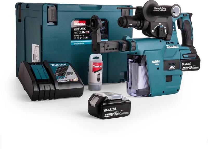 DHR243RMJV Blau/Schwarz Akku-Kombihammer 18 V / 4,0 Ah inkl. Staubabsaugung DX02 by Makita – product image