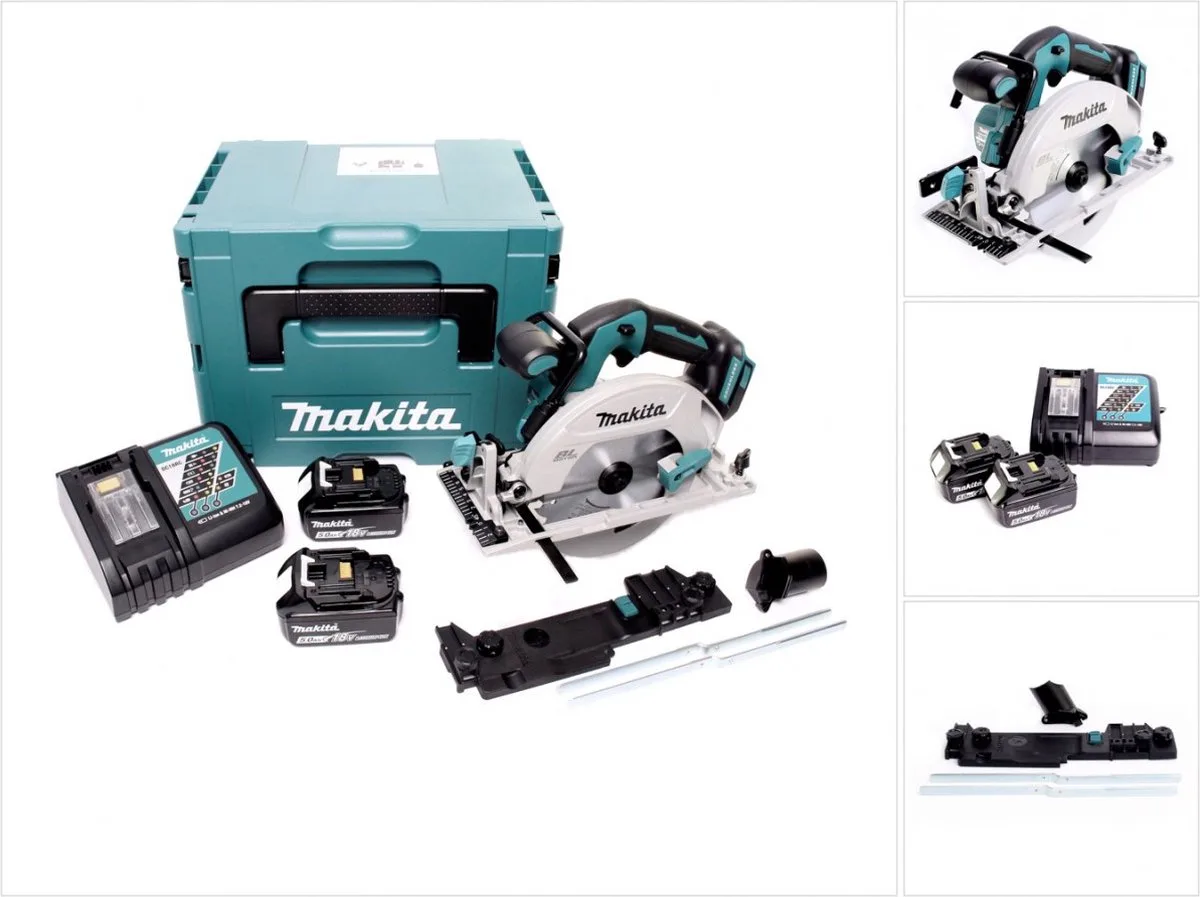 DHS 680 RTJ accu cirkelzaag 18 V 165 mm borstelloos + 2x accu 5.0 Ah + lader + adapter + Makpac från Makita – produktbild