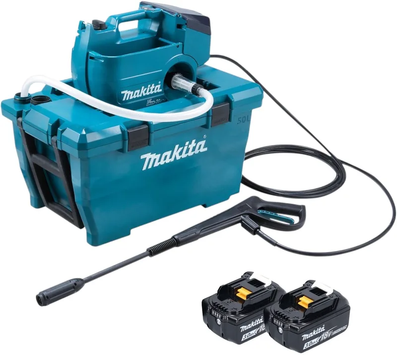 DHW 080 F2K Snoerloze hogedrukreiniger 36 V ( 2x 18 V ) 80 bar 380 l/u Borstelloos + 2x oplaadbare accu 3.0 Ah - zonder lader von Makita – Produktbild