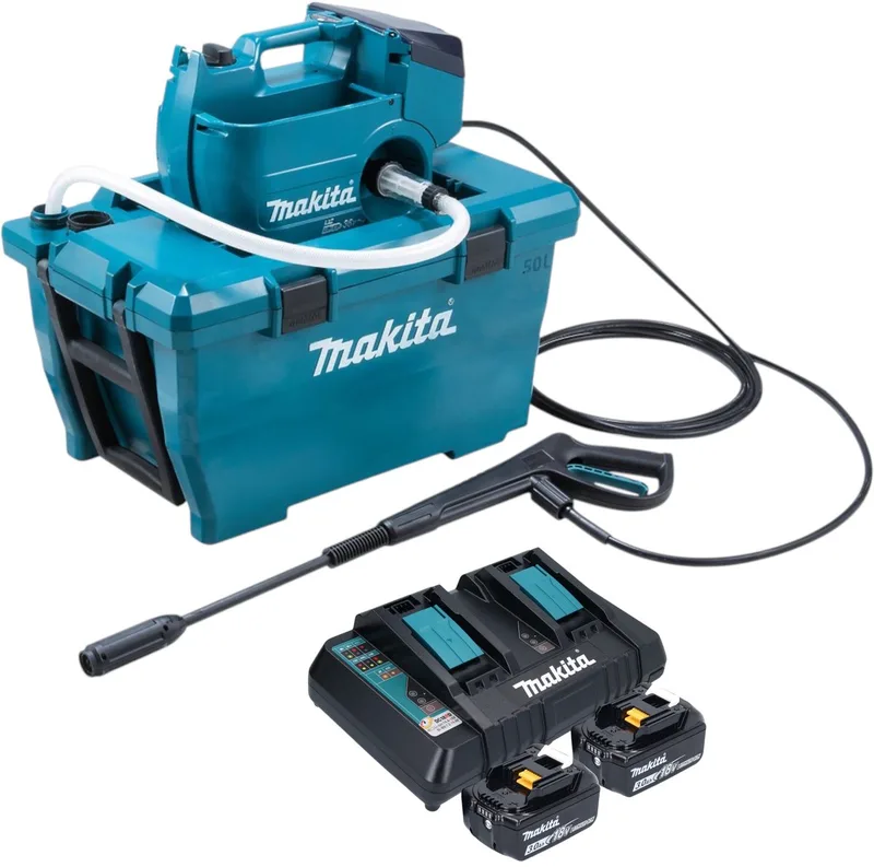 DHW 080 PF2K Snoerloze hogedrukreiniger 36 V ( 2x 18 V ) 80 bar 380 l/u Borstelloos + 2x accu 3.0 Ah + dubbele lader von Makita – Produktbild
